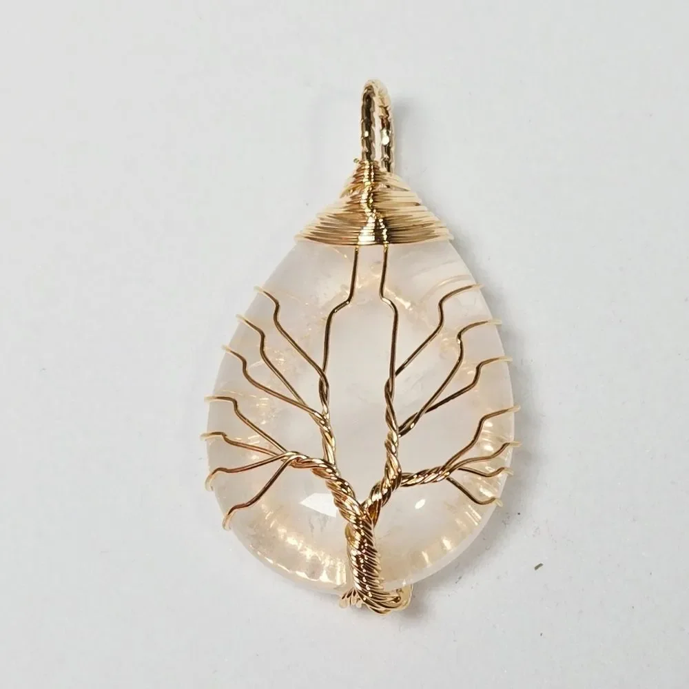 Tree of Life Clear Quartz Teardrop Wire Wrapped Necklace Healing Crystal Jewelry